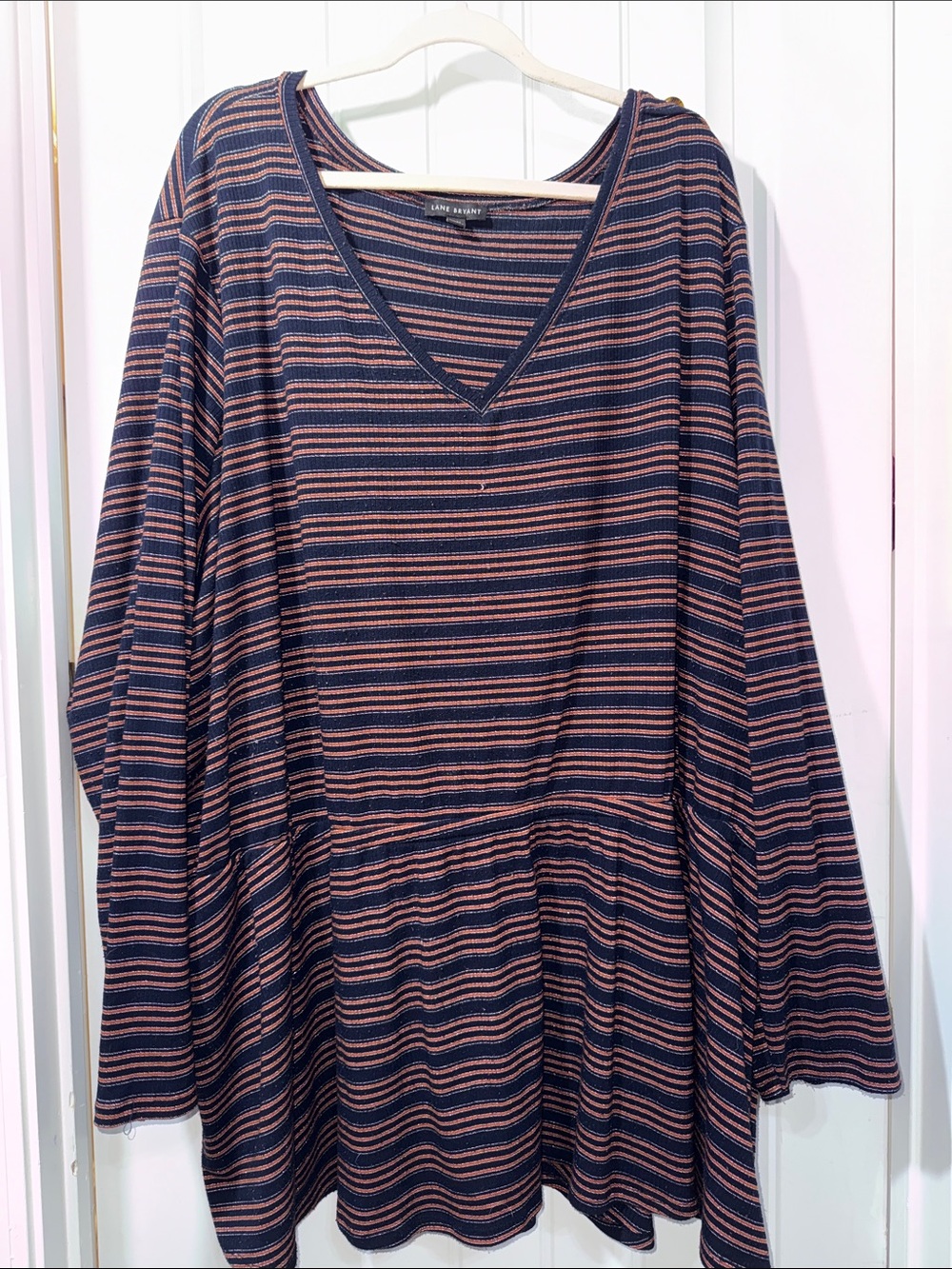 Lane Bryant Navy and Pink Striped V‑Neck Peplum Top
